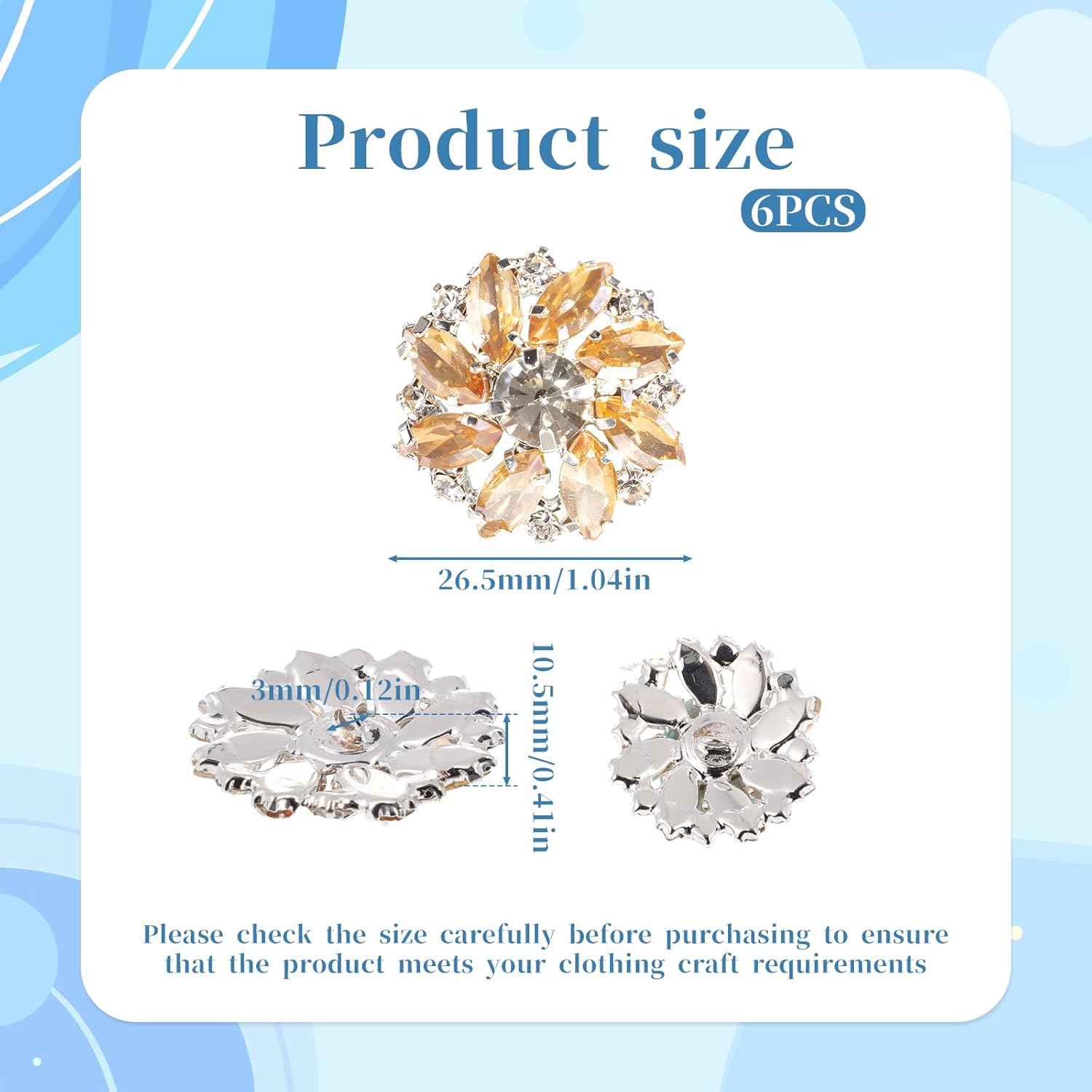 6 PCS Glod Rhinestone Buttons, 26.5 Mm Crystal Buttons Silver Snowflake Fashion Metal Button for Sewing Flower Rhinestone Button Covers for DIY Crafts Jewelry Making Flower Bouquet Accessories,Gold - Image 4