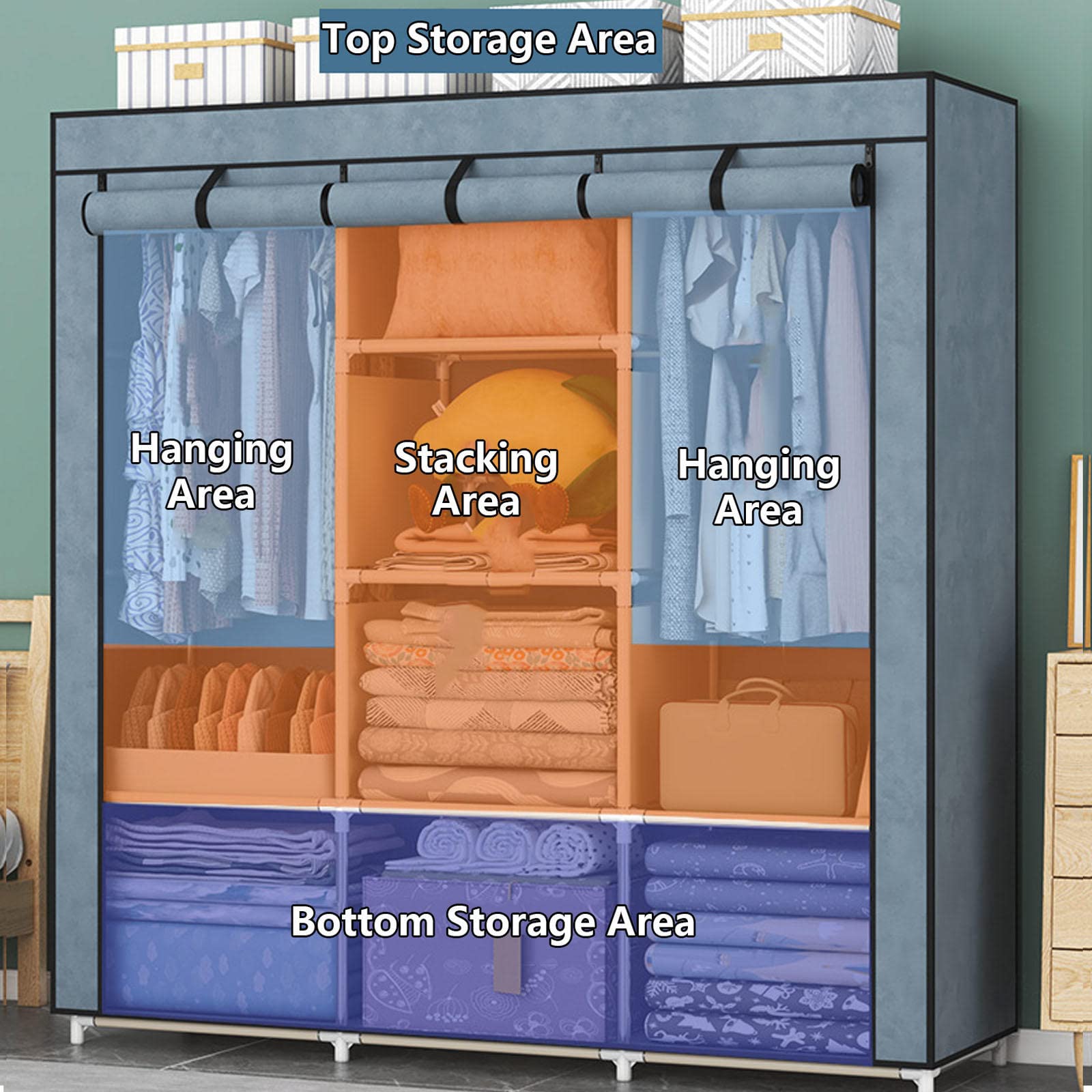 Kleiderschrank, tragbarer Kleiderschrank aus Segeltuch, Stoff-Kleiderschrank, Aufbewahrungsorganisator mit Kleiderstange, Regale, für Schlafzimmer, Wohnzimmer,C-118x45x165cm