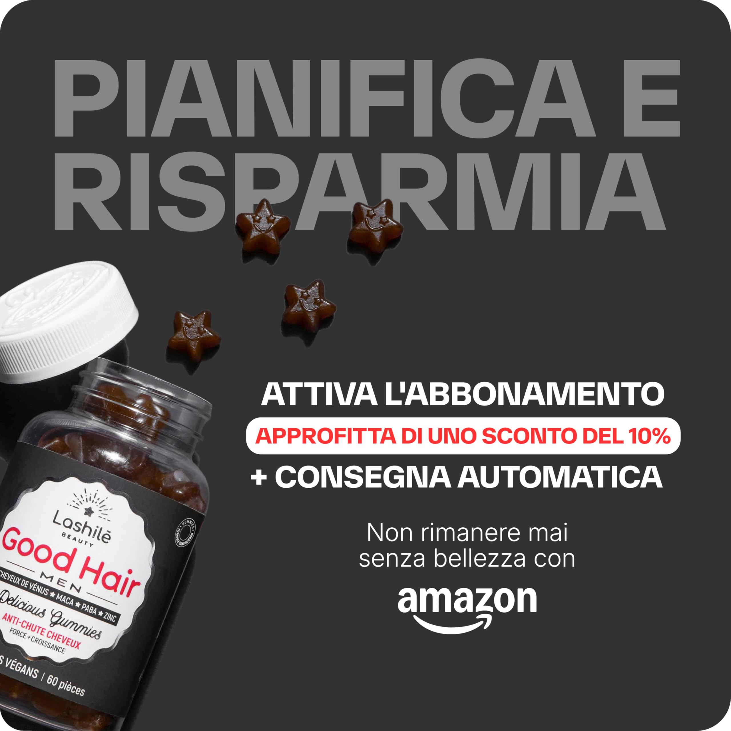 Lashilé Beauty - Integratore alimentare - Anti-caduta capelli e Rinforzo capillare - Crescita e Densità Good Hair Men - Made in France - Zinco Maca Capelvenere - Cura 3 Mesi 180 Gummies