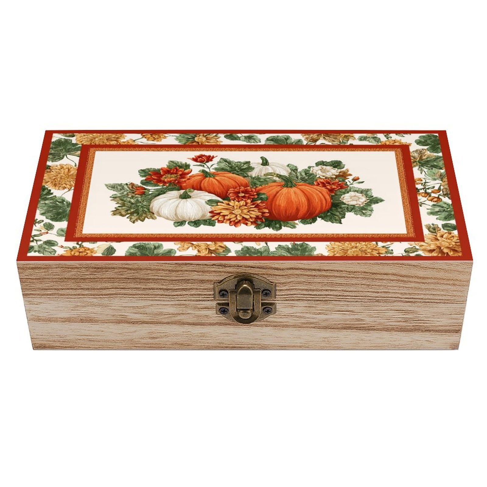 asbwuo Autumn Pumpkins Leaves Flowers Wooden Storage Box with Hinged Lid