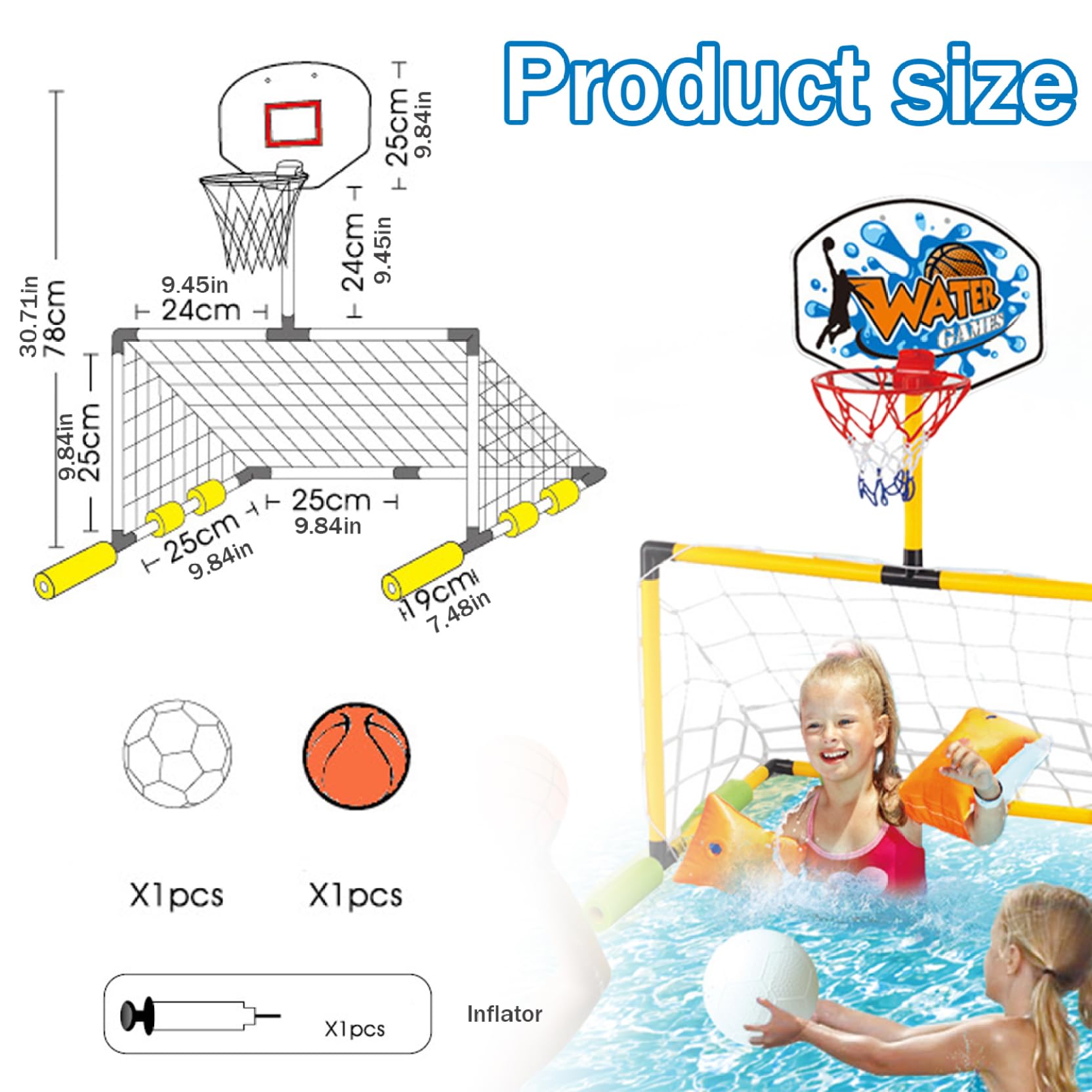 Aro de Baloncesto Flotante para Piscina, de fútbol 2 en 1 ＆ Pool Basketball Hoop, Desmontable con 2 Pelotas para niños y Adultos