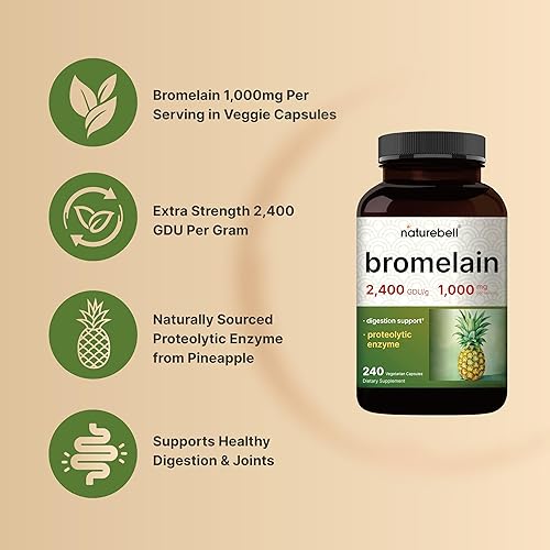 Miniatura 3 de NatureBell Bromelina, 1,000 mg por porción, 240 cápsulas vegetales  2,400 GDU - Enzimas digestivas y suplemento de apoyo articular - Enzimas