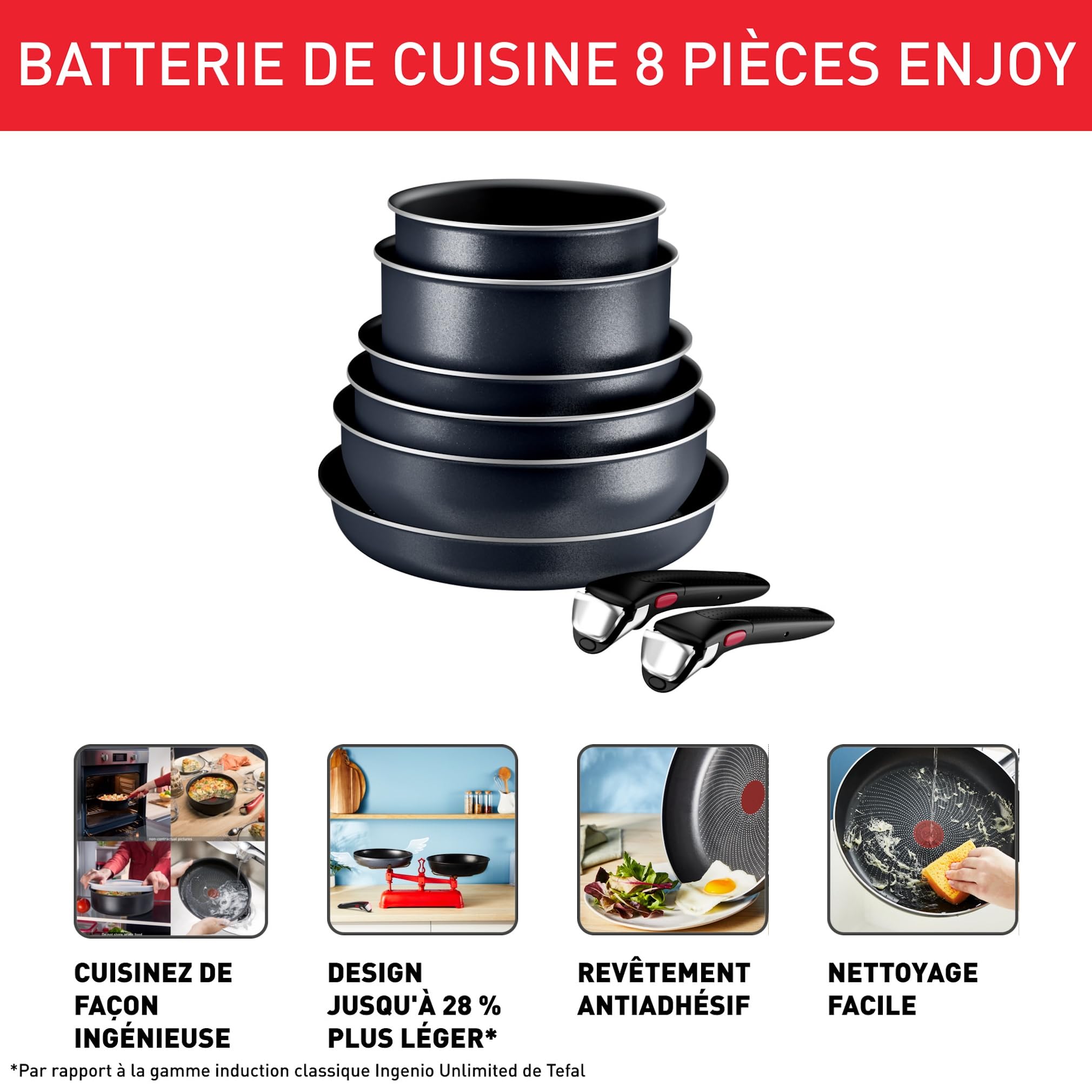 Tefal Ingenio Enjoy, Batterie de cuisine 8pièces, Poêles et casseroles légères, Technologie Light Tech, Poignée amovible, Revêtement Titane antiadhésif