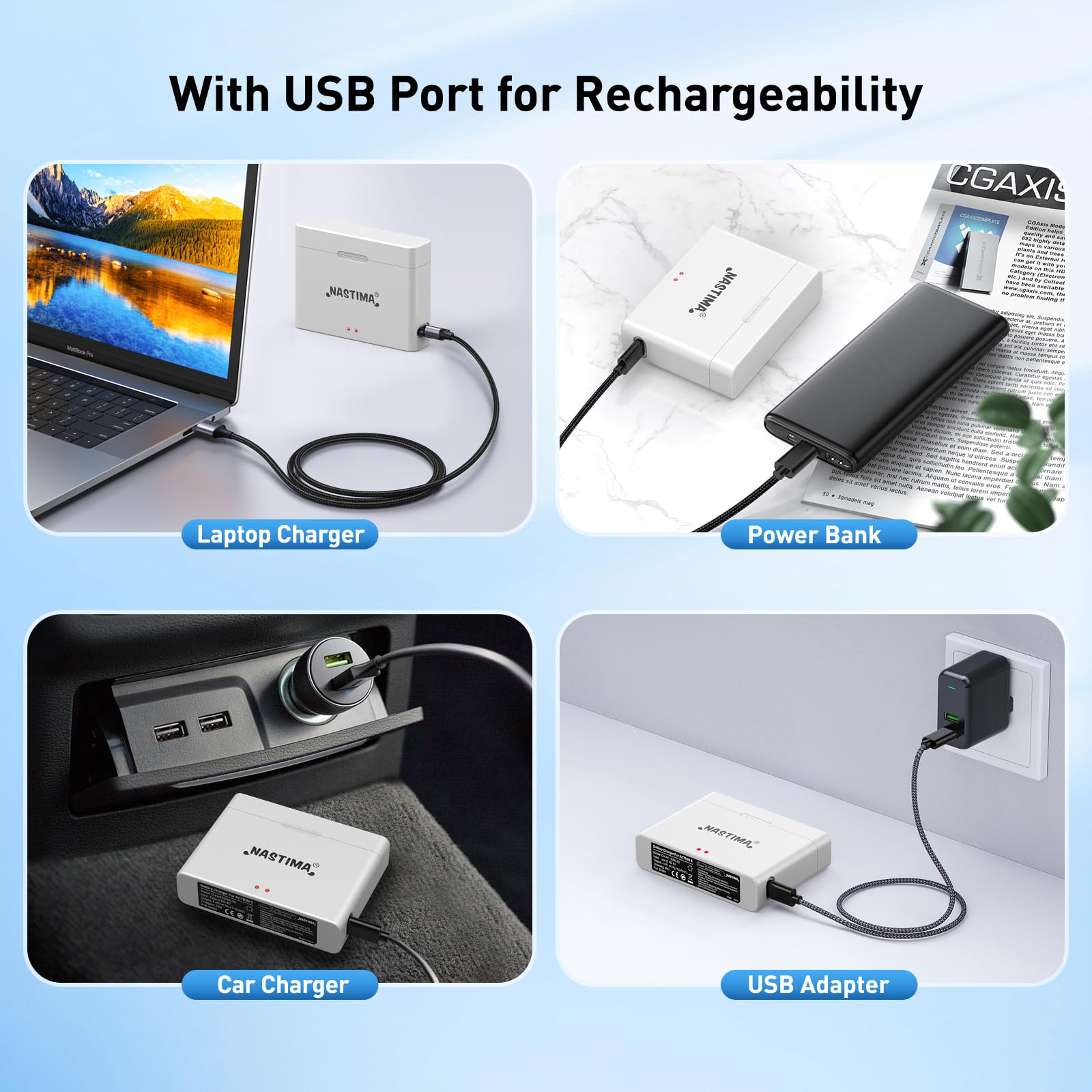 NASTIMA 2100mAh Batería 2-Unidades para dji Osmo Action 5 Pro/4/3, USB Dual | Li-ion Batería de Reemplazo, Carcasa de carga rápida PD, Cable de carga USB-C de dos canales, BMS integrado, larga vida útil