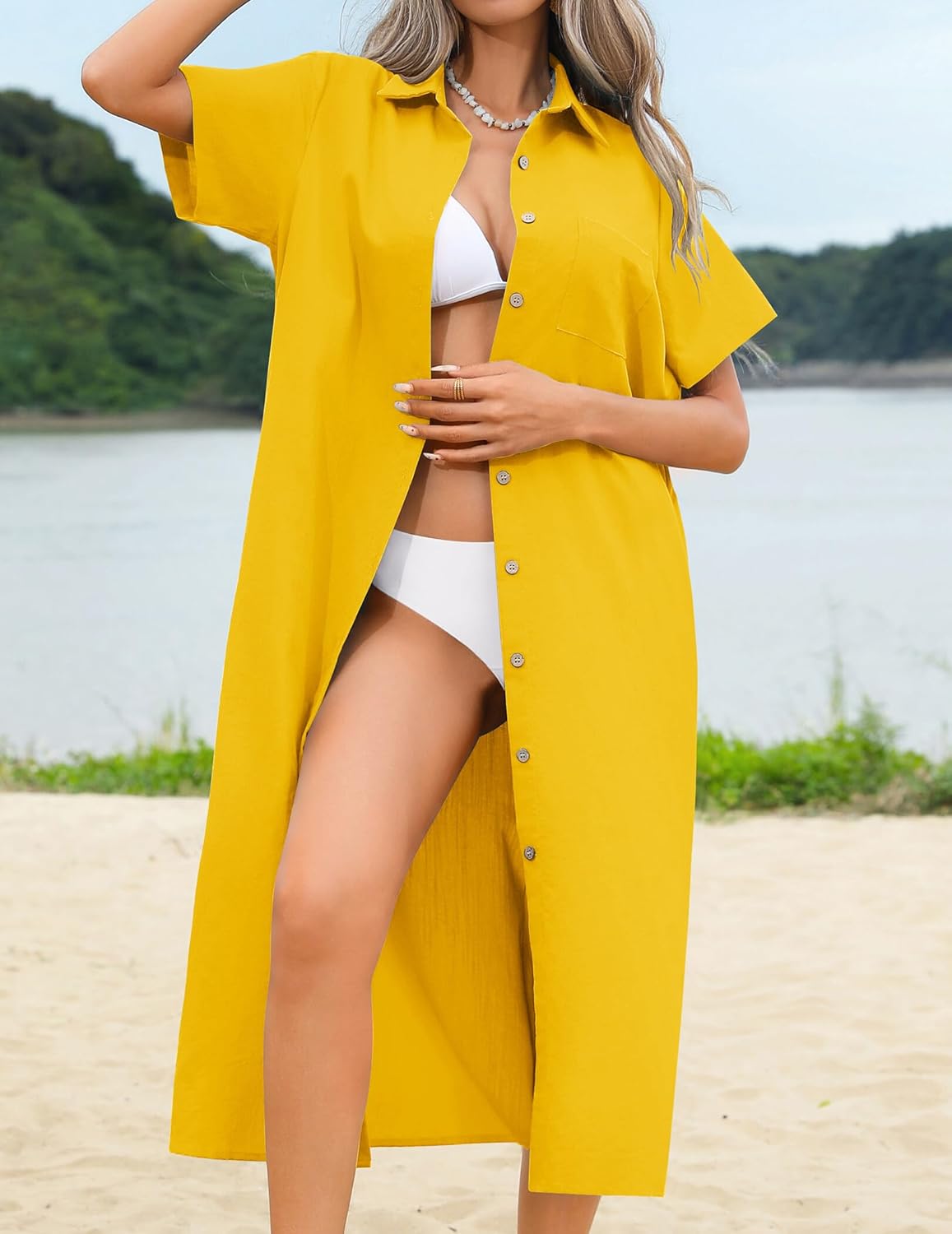 HOTOUCH Womens Dress Summer Casual Midi Short Sleeve Button Down Shirt Dresses Loose Beach Cover Up with Pockets - Image 3