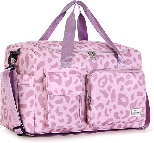 FIORETTO Sac à Duffle de gym pour femmes avec compartiment de chaussures, 30L Capacité, Idéal pour le voyage, Gym, Sports, Duffel, Weekender, Rose léopard, Sac de gym