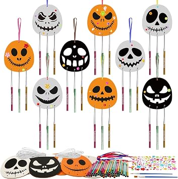 Fennoral 9 Pack Halloween Wind Chime Kit for Kids Make You Own Scary Face DIY Colorful Two-Sided Wooden Halloween Craft for Boys & Girls for Classroom Art Activity Party Decoration Birthday Gift