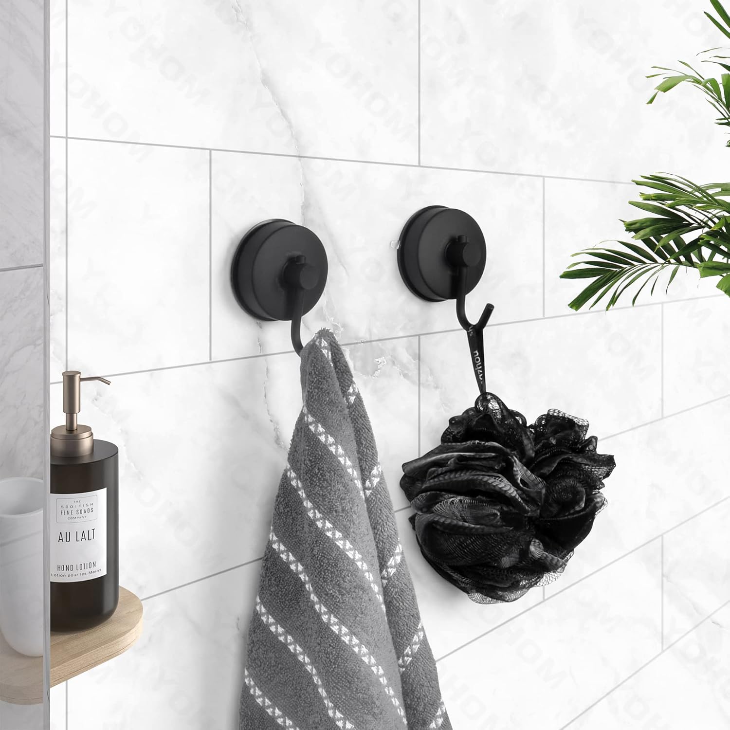 YOHOM Suction Cup Hooks for Shower Towel Holder Black Towel Hooks for Bathrooms Loofah Hooks for Shower Stainless Steel Suction Towel Rack Kitchen Organizer for Robe Wreath Hanging Hook 2Pcs