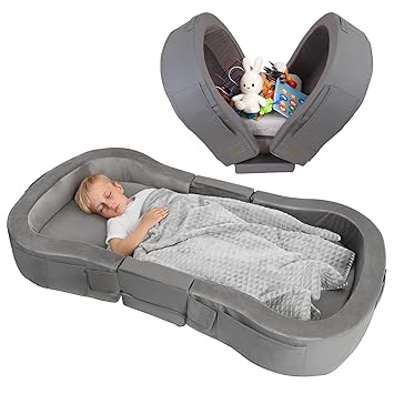 ENITYA Toddler Travel Bed, Foldable Floor Cot with Washable Cover for Travel, Camping, Home, Portable Crib for Kids Aged 18M–5Y, Easy to Use, Kids Cot for Sleeping, Grey