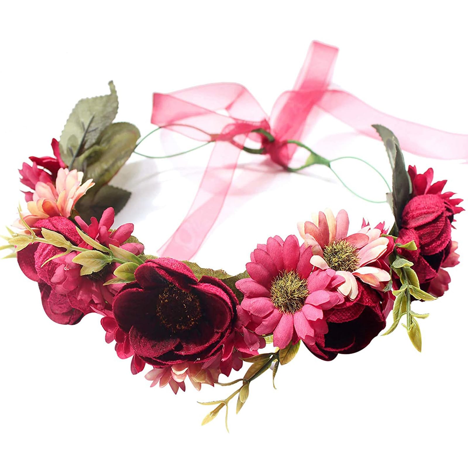 YnimioAOXHandmade Adjustable Flower Wreath Headband Halo Floral Crown Garland Headpiece,A14-wine red