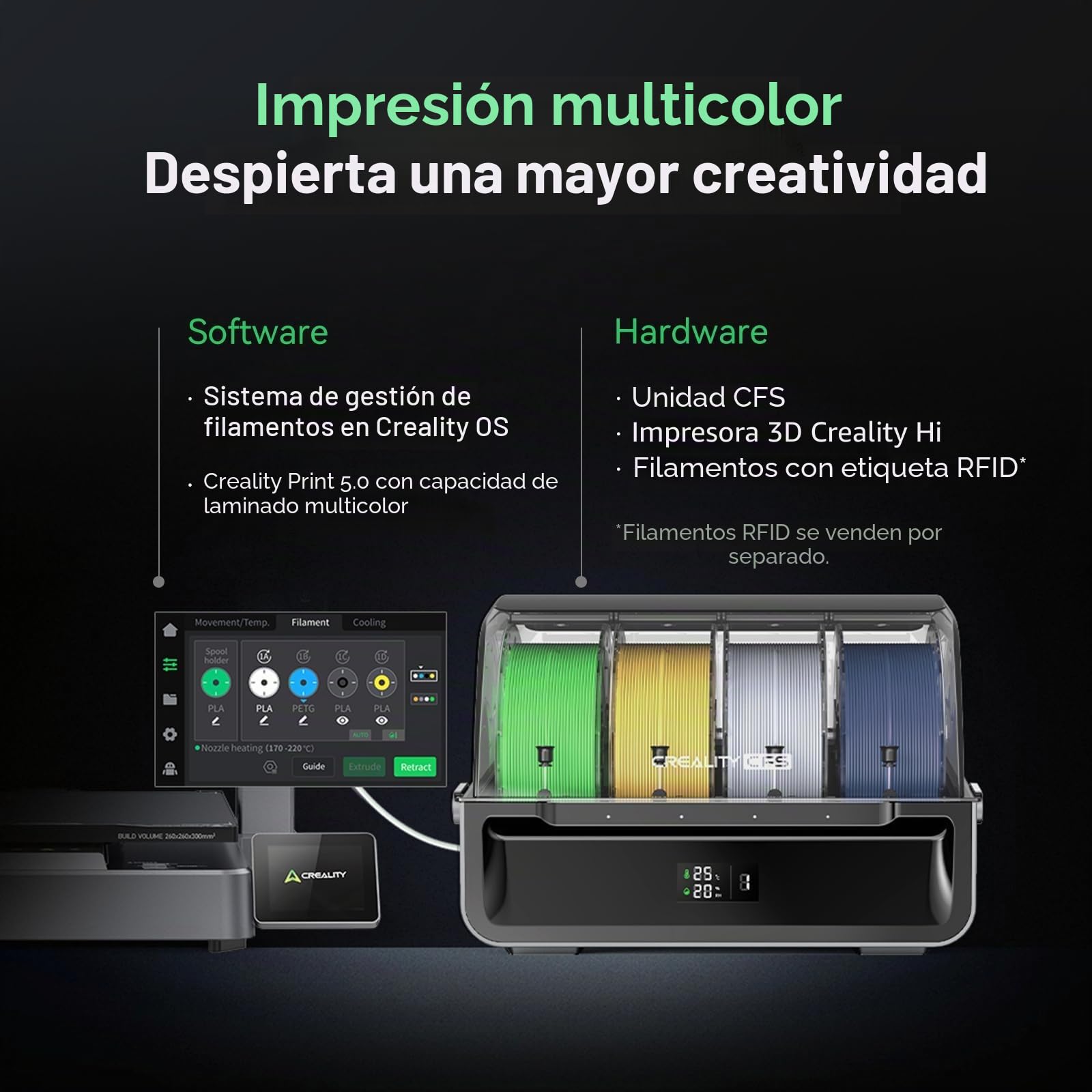 Creality Impresora 3D Hi Combo, con CFS de 16 colores, 500 mm/s de alta velocidad, 260×260×300mm espacio de construcción, nivelación automática, servo FOC, 12.000 mm/s², escáner RFID y detección de