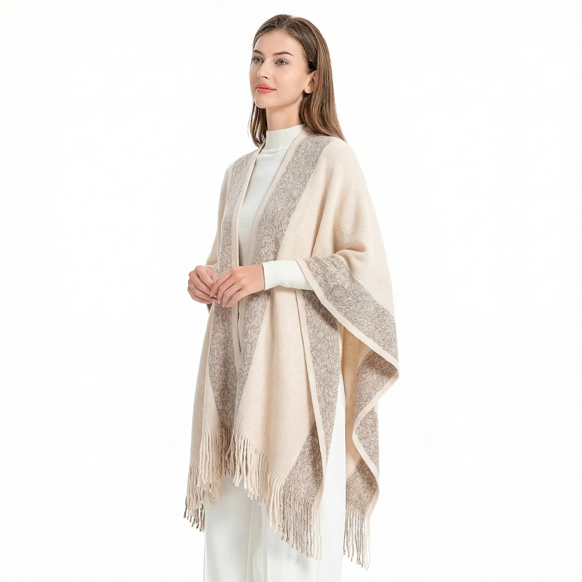 ZLYC Châle en tricot pour femme avec bordure dorée - beige - Taille Unique