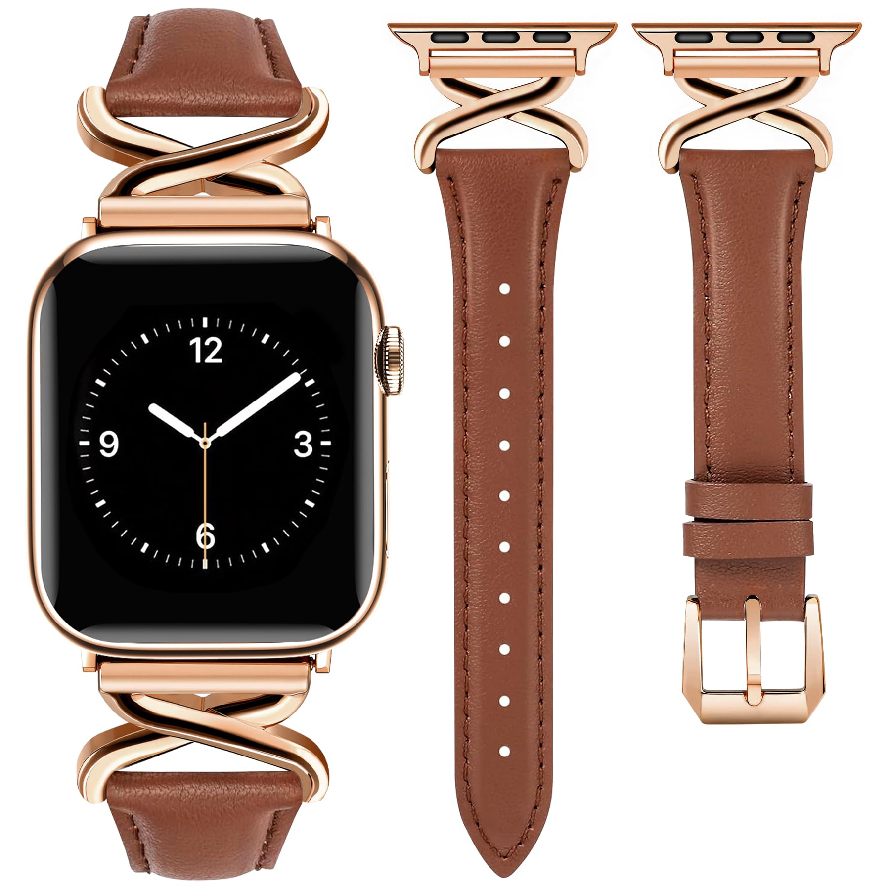 JR.DM Leather Bands Women Compatible with Apple Watch 40mm 38mm 44mm 45mm 41mm 42mm 46mm 49mm Dressy Thin Designer Strap with X-Shaped Metal Crown for