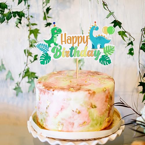 Miniatura 7 de Ercadio 1 paquete de decoración de dinosaurio para tartas de cumpleaños con hojas de palma tropicales, decoraciones de dinosaurios para tartas