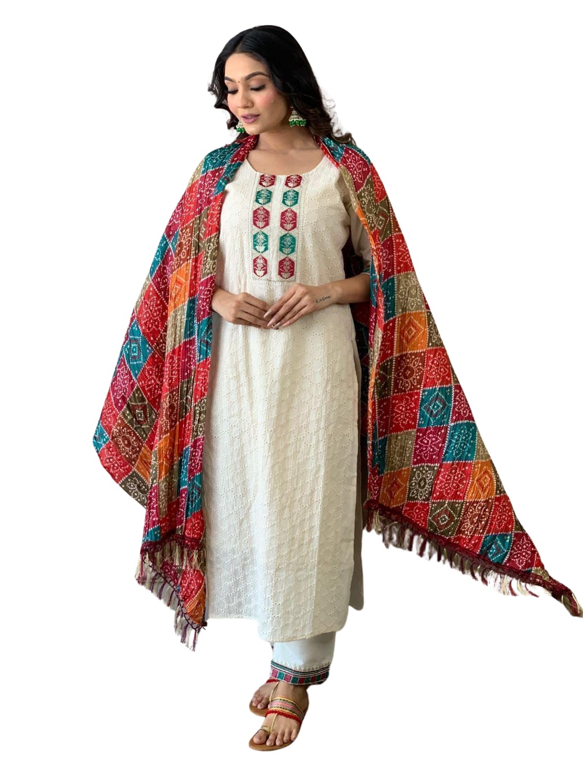 EKRAFT Bharat Women's Cotton Chikankari Print Straight Kurti with Pant and Mulmul Dupatta Set (White-M)-image-35