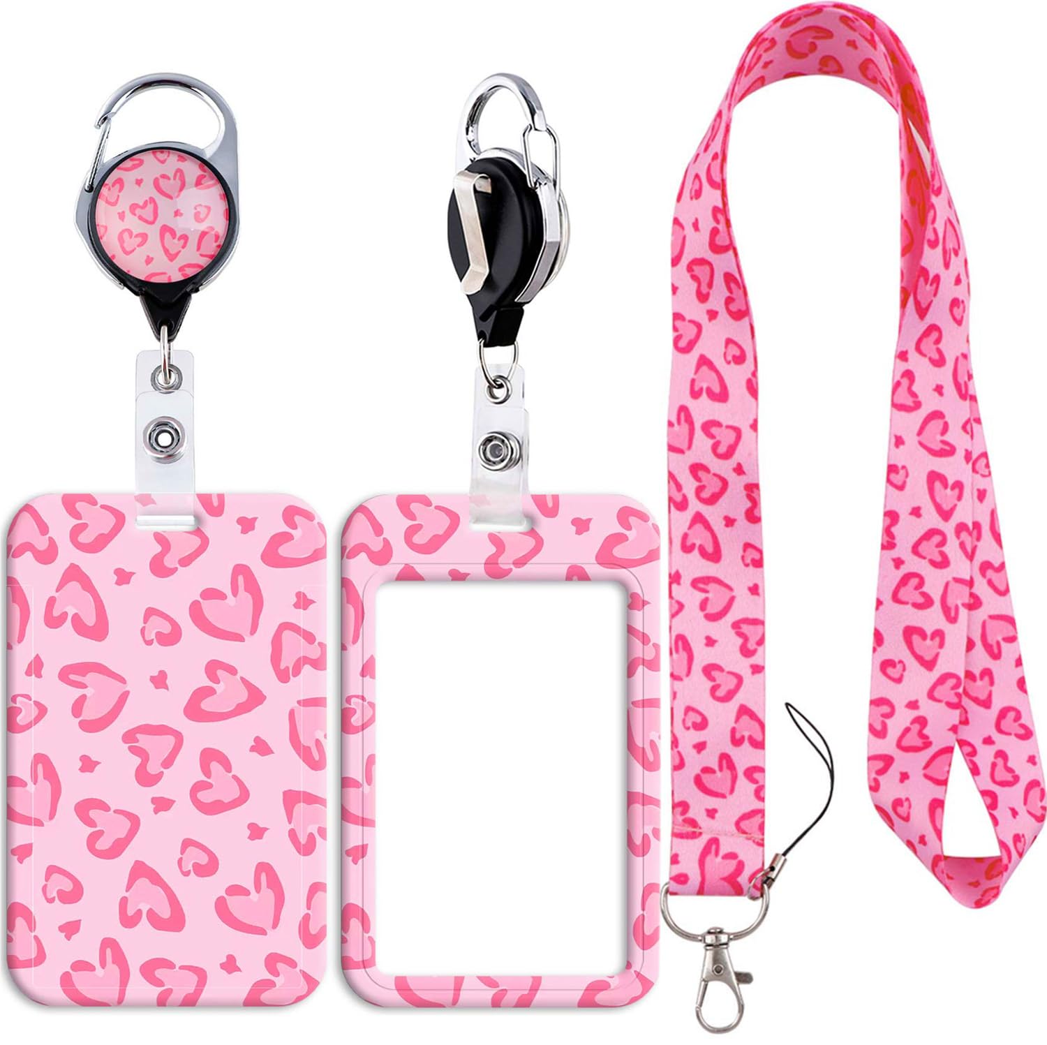 Lanyard for ID Card Badge Case Protector with Retractable Cord Heavy Duty Carabiner Keychain, Pink Heart Vertical ID Holder for Nurse Teacher Office Staff Cruising — image 1