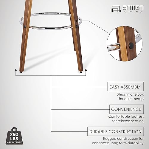 Miniatura 5 de Armen Living Sonia 66 cm de altura del asiento Taburete de bar giratorio de mediados del siglo XX moderno para isla de cocina con respaldo en cuero