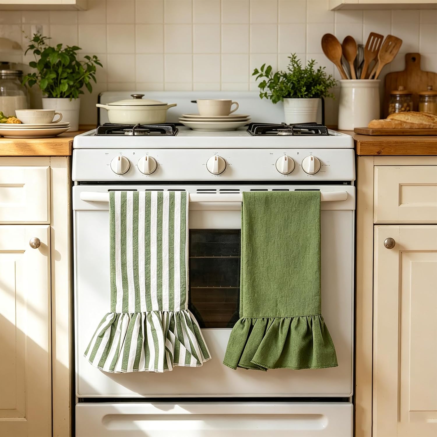 Whaline 2Pcs Sage Green Stripe Kitchen Towels Dish Towel with Ruffled Trim Hand Drying Tea Towels for Home Party Cooking Baking Cleaning, 15.7 x 23.6 Inch