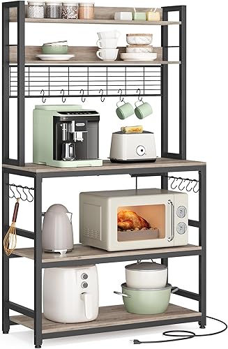 Miniatura 12 de VASAGLE Estante de panadería con toma de corriente, soporte para microondas, estante de almacenamiento de utilidad alto para cocina, con panel de