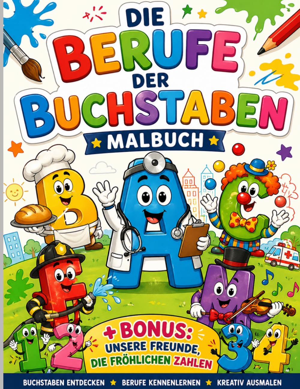 Malbuch: Die Berufe der Buchstaben: +BONUS: Unsere Freunde die fröhlichen Zahlen