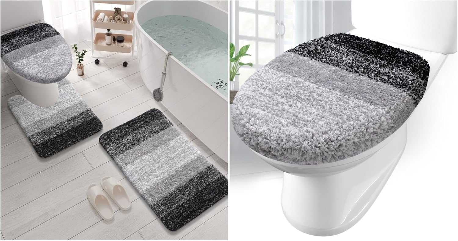 Arotive Microfiber Bathroom Rugs Bundle - 4 Pcs Set: 1 Shaggy Soft Absorbent Non-Slip Bath Mats 30x20, 1 U-Shape Mat 24x20 & 2 Toilet Lid Cover 17.5x15, Black
