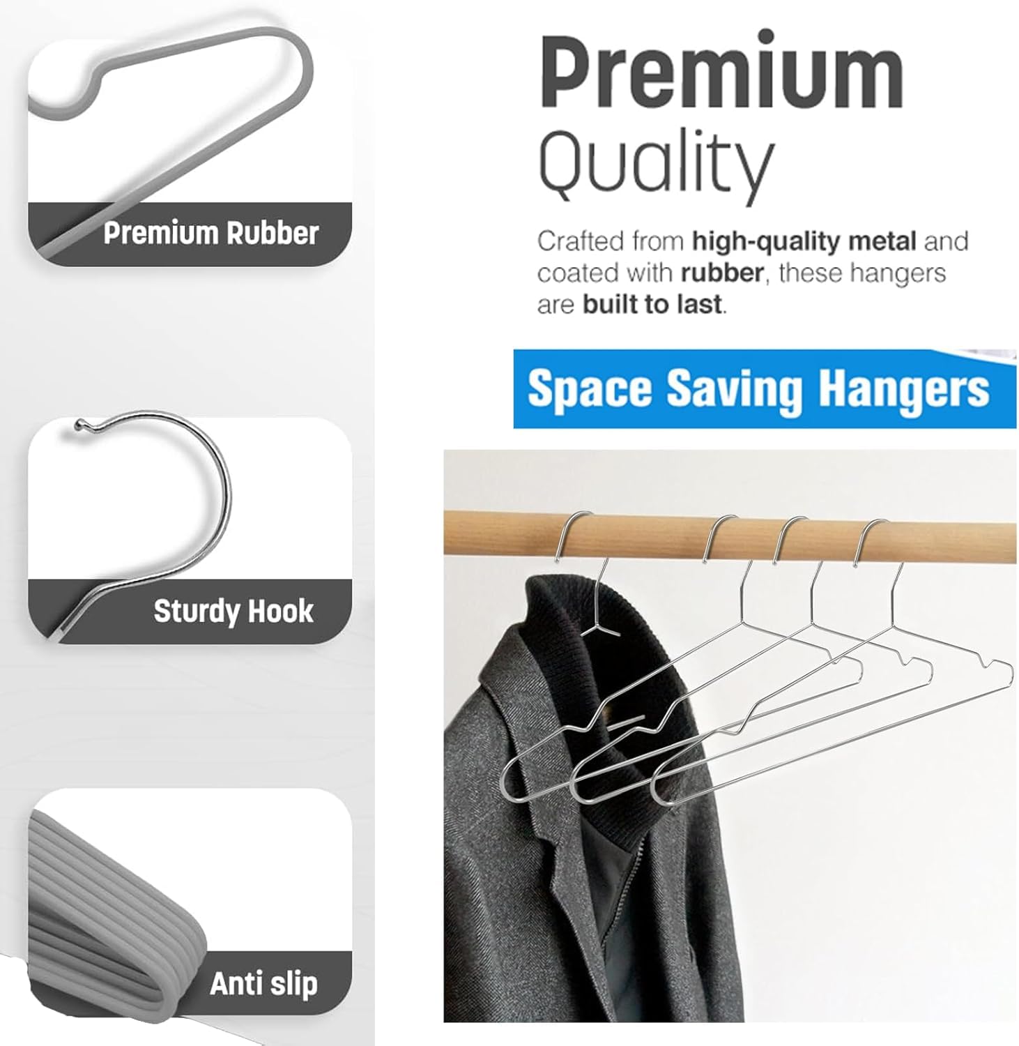 60 Pack Premium Rubber-Coated Metal Clothes Hangers Non-Slip Space-Saving, Grey, 42.5 x 20.5 x 0.4 cm - Image 3