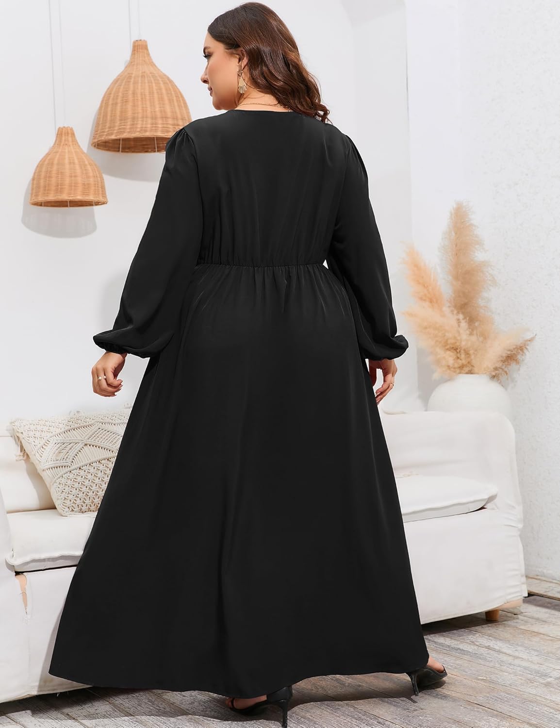 KOJOOIN Women's Plus Size Wrap Maxi Long Lantern Sleeves Empire Waist Split a Line Boho Casual Dresses - Image 6