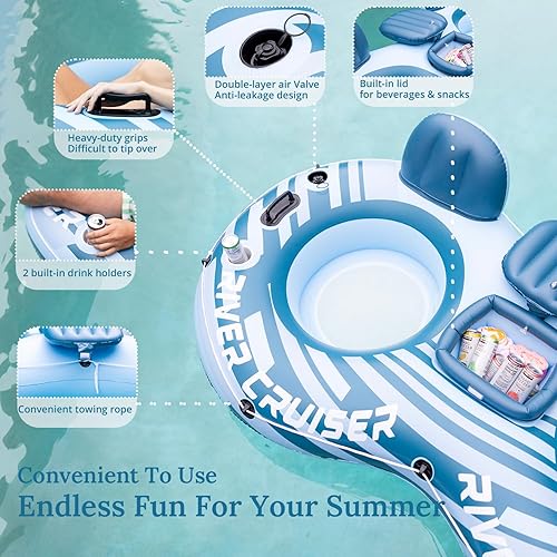 Miniatura 3 de 2025 Upgrade River Tube Floats for Adults Heavy Duty Pool Floats Inflatable Water Tube with Cup Holeder, Drink Cooler and Mesh Bottom Backrest (2