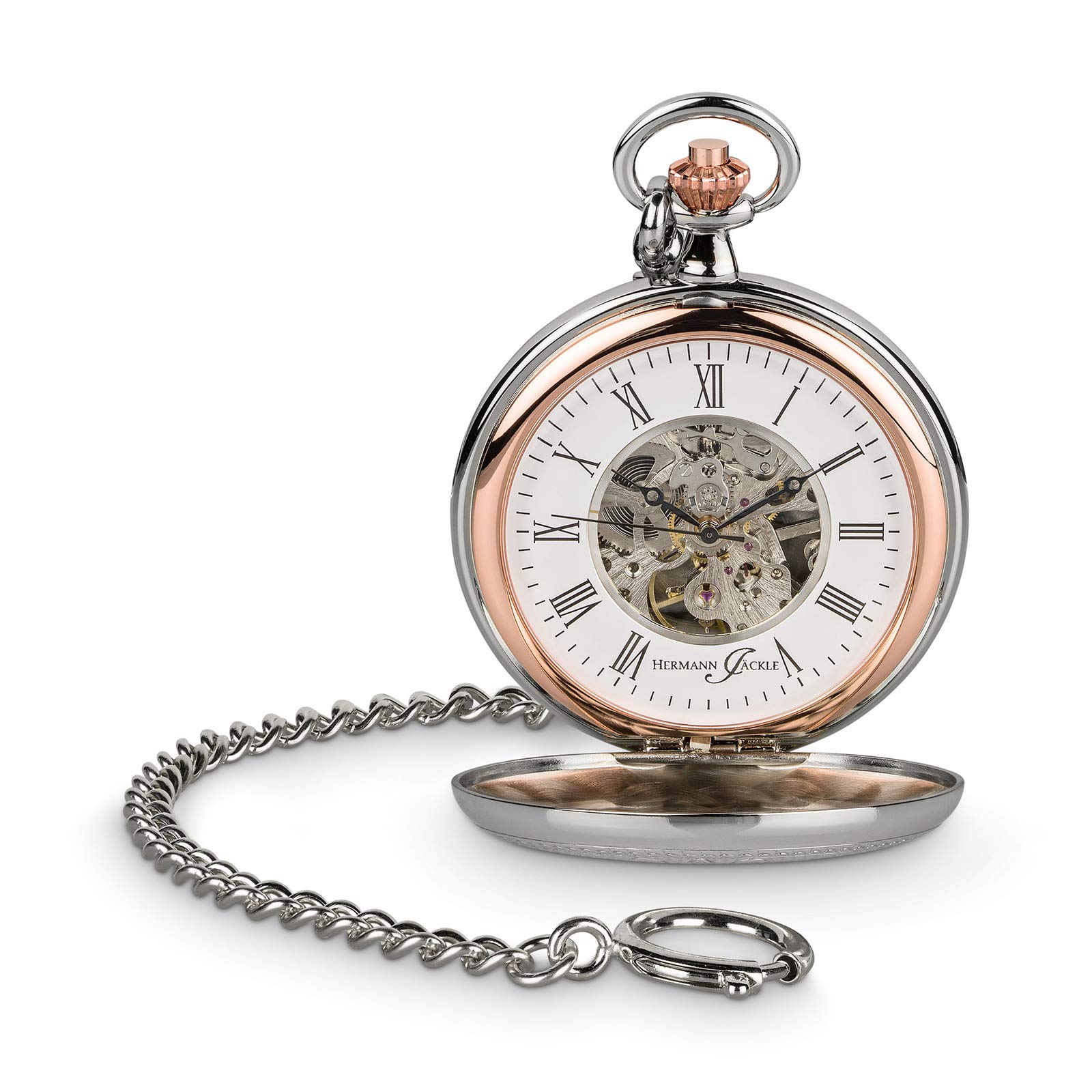 Hermann Jäckle Herren Taschenuhr Lindau Skelett Bicolor 50 mm | Bicolor Silber/Rosé, Handaufzugswerk, Double Hunter Gehäuse, inklusive Kette und Reiseetui