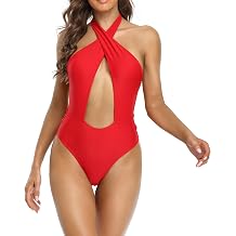 SHEKINI One Piece Swimsuits for Women Padded Cross Halter Neck Backless Back Tie Bathing Suits Swimming Costume