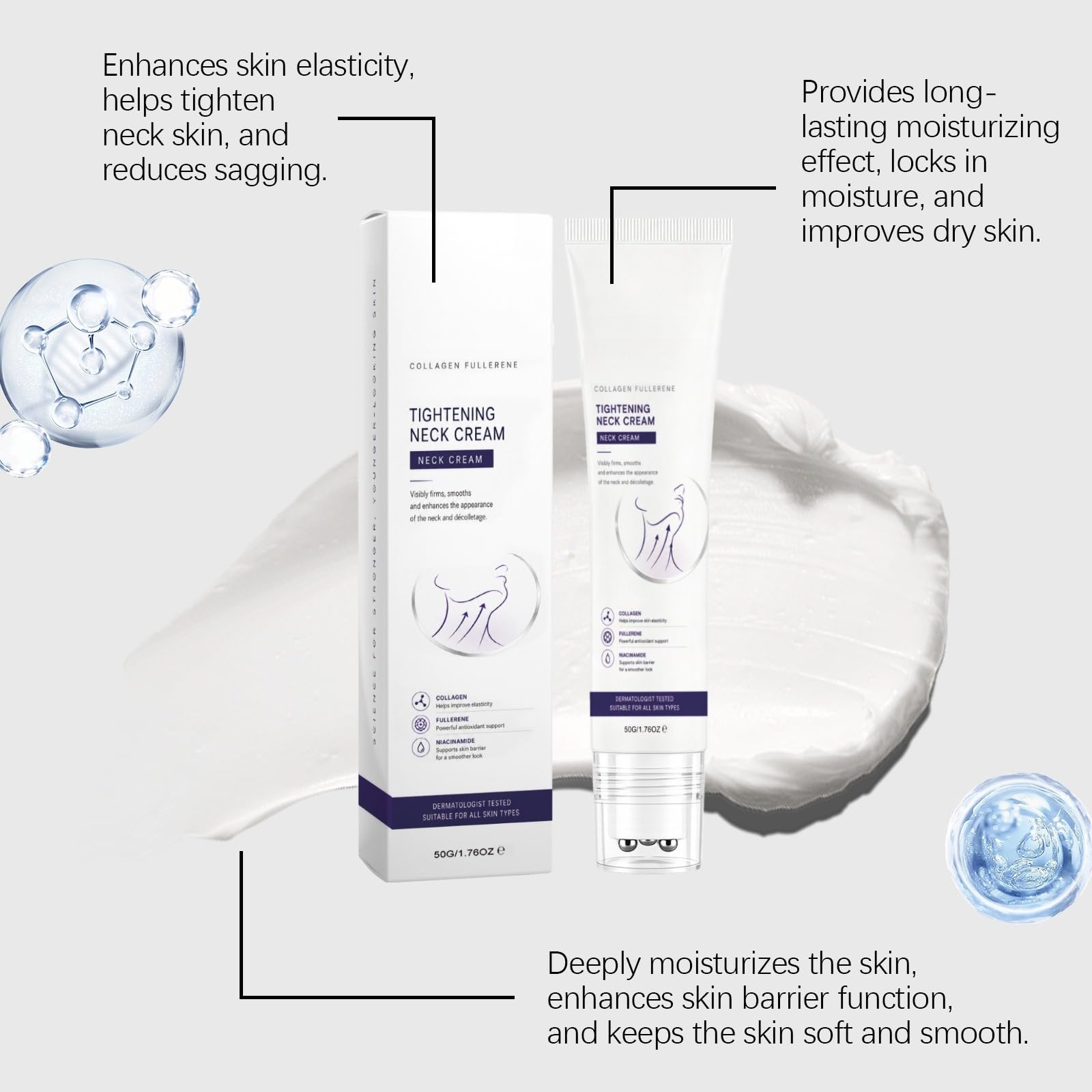 Magic Collagen Fullerene Neck Creams, Tighten and Lift Firming Neck Cream for Crepey Skin, Crema al collagene per il collo con, Creme Liftante Collo & Decollete Roll-On, Riduce le rughe