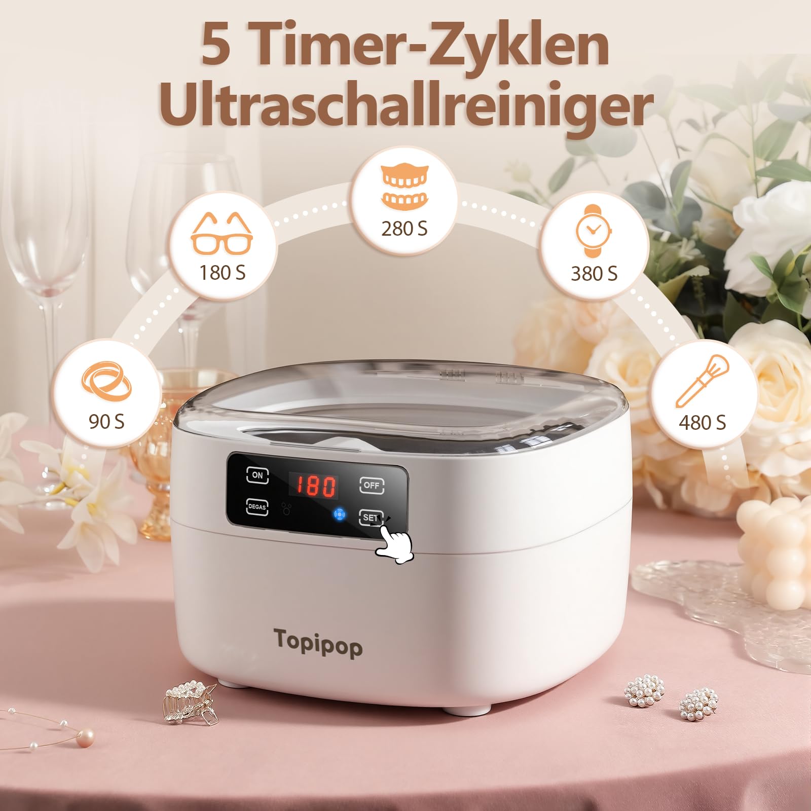 Topipop Ultraschallreinigungsgerät, 48000Hz Brillenreinigungsgerät | 750ml Ultraschallreiniger, Professional Ultrasonic Cleaner zum Reinigen von Brillen, Uhren, Ringen, Rasierklingen (White)