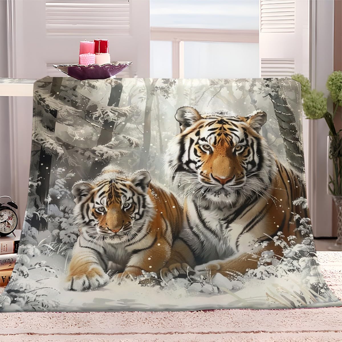 Throw Blanket Animal Tiger Snow Forest 220x240 cm Sherpa Fleece Blanket Soft Cosy Warm Fluffy Blanket Sofa Bed Blankets for Bedroom, Couch, Travel, Versatile Blanket