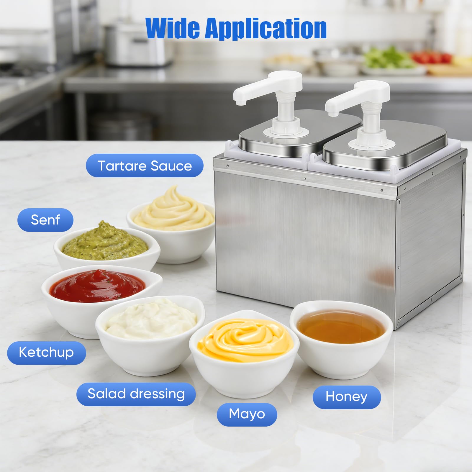 Dispensador de salsa de ketchup de 4 litros, estación de bombeo, acero inoxidable 304, apto para alimentos, apto para lavavajillas, sin goteo, ideal para ketchup, mayonesa, mostaza, miel, 2 ×