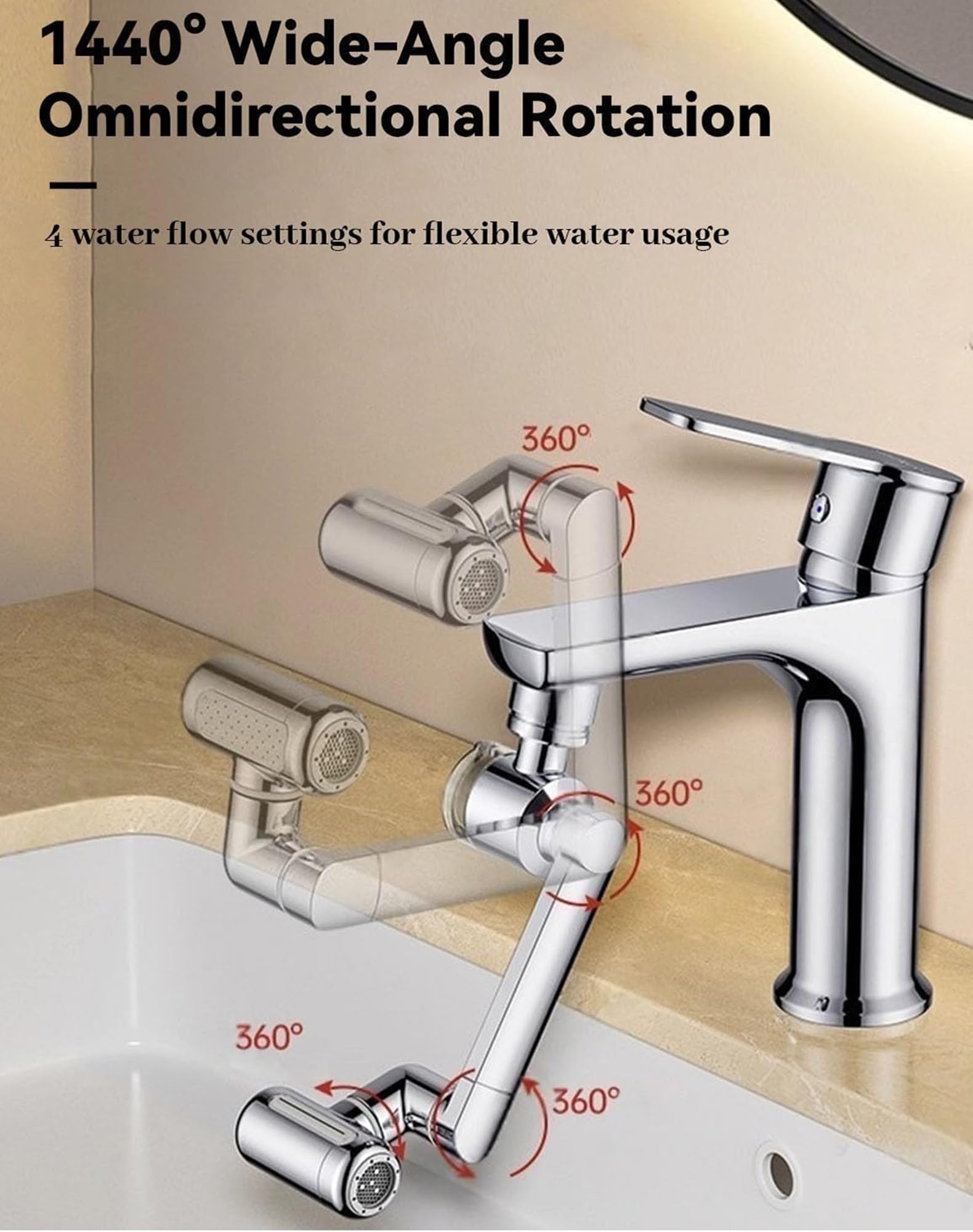 1080 Rotating Faucet Extender, Prolunga per Rubinetto Girevole, 4 Modalità di Erogazione dell'Acqua e Filtro Integrato, Doccetta Regolabile per Lavello, Ideale per Cucina e Bagno (2pcs)