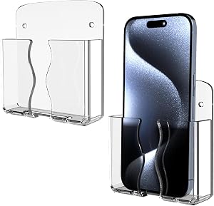 Wall Phone Holder Clear Phone Stand with Charging Hole, Bedside Phone Holder Compatible with iPhone and Android Remote Control Stand for Home Office Boat RV Accessories, 2-Pack