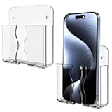 Wall Mounted Phone Holder, Clear Phone Stand Self Adhesive with Charging Hole Compatible with iPhone and Android Smartphone Cradle Bedside Organizer Remote Control Stand for Home Office 2-Pack