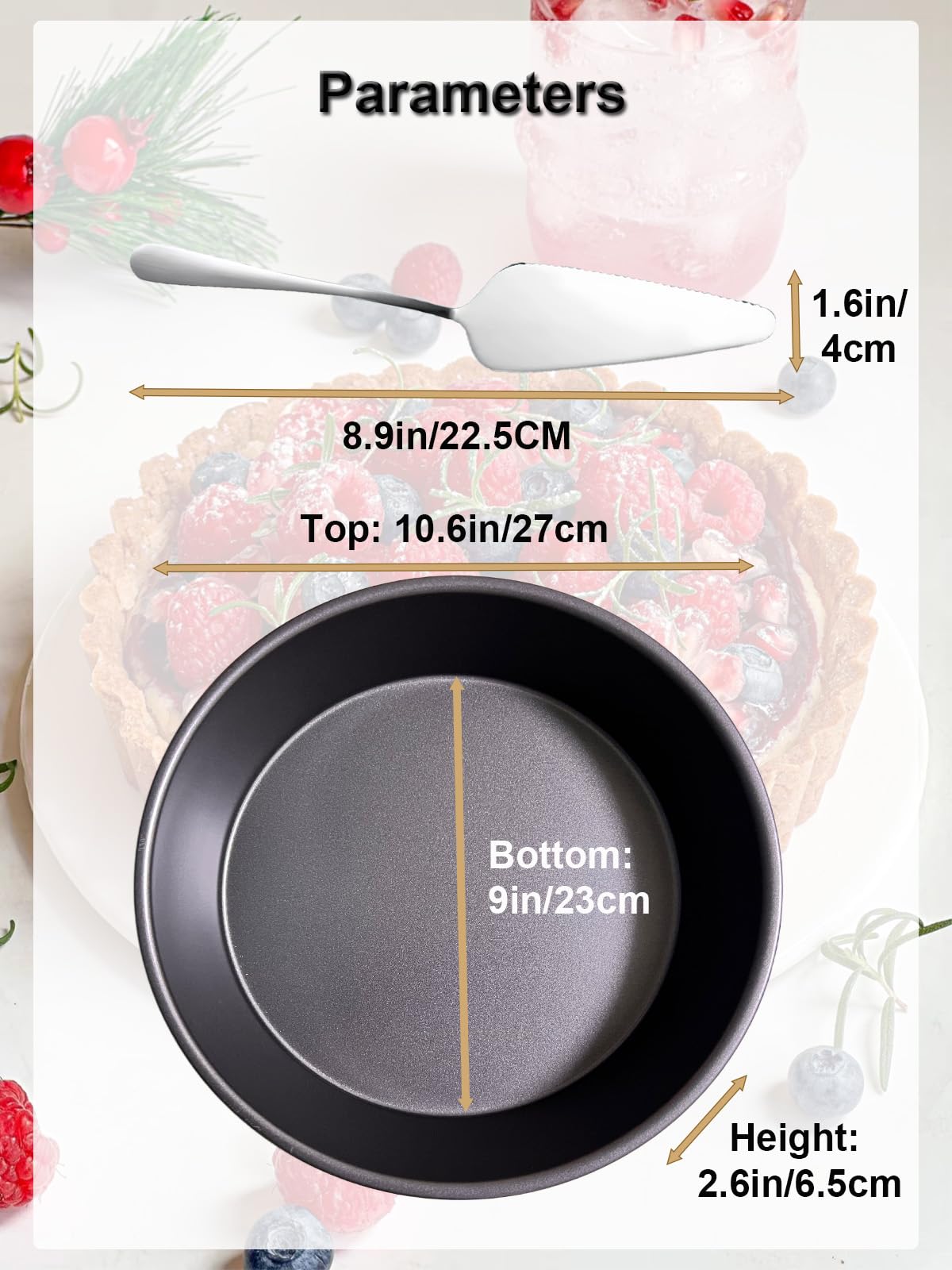 Molde para tartas de 10 x 2.6 pulgadas de profundidad con servidor de pasteles para tartas y quiches. Molde redondo para tartas con revestimiento antiadherente, acero al carbono resistente