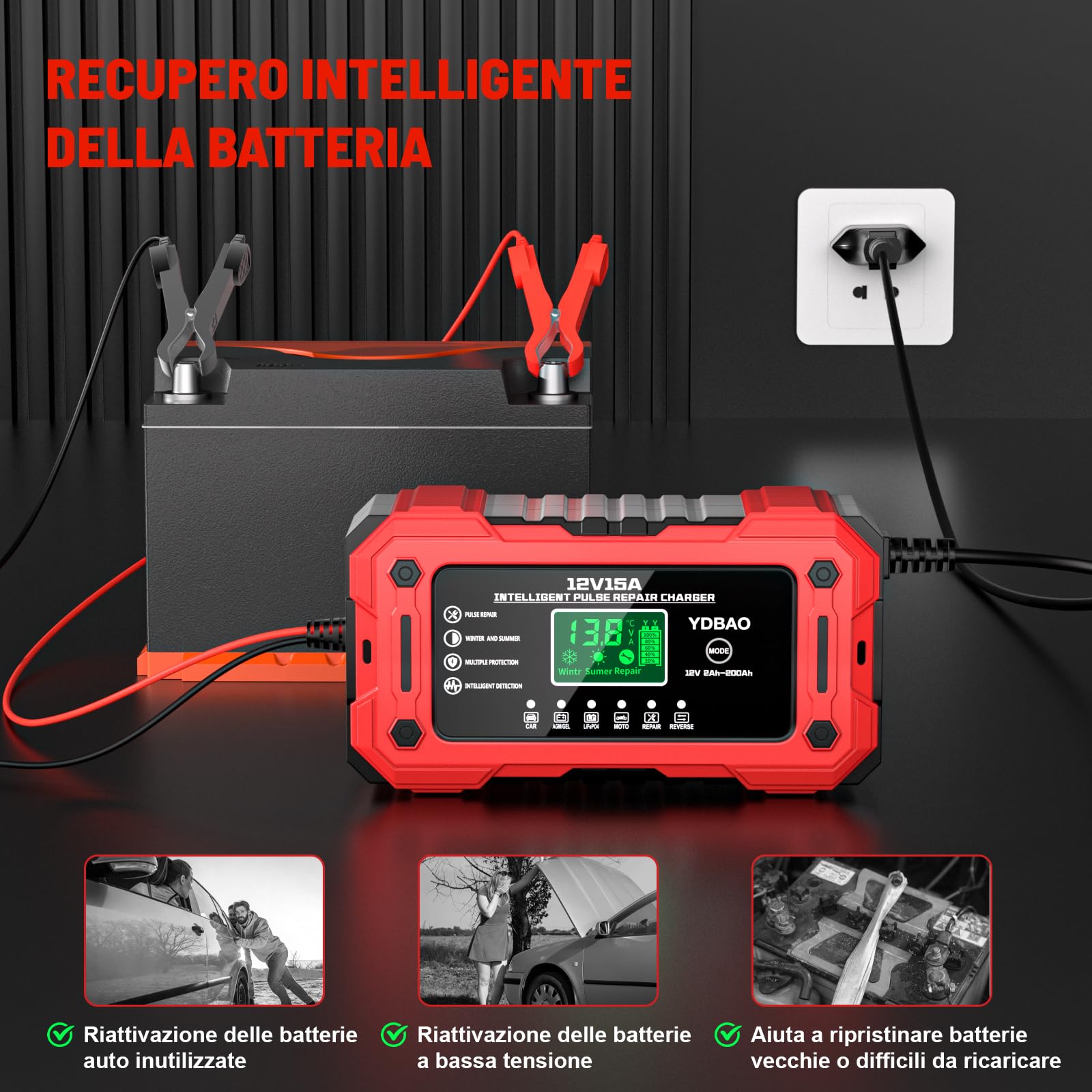 YDBAO 15A Caricabatteria per Auto 12V 15A Caricabatterie Intelligente Completamente Automatico da Auto con Display LCD con Compensazione della Temperatura per Moto Auto Batteria AGM Barche