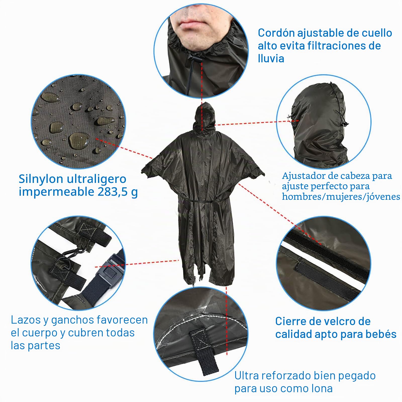 onewind Poncho de lluvia con capucha, abrigo de lluvia de silnylon, versátil abrigo de supervivencia, impermeable, transpirable, ligero