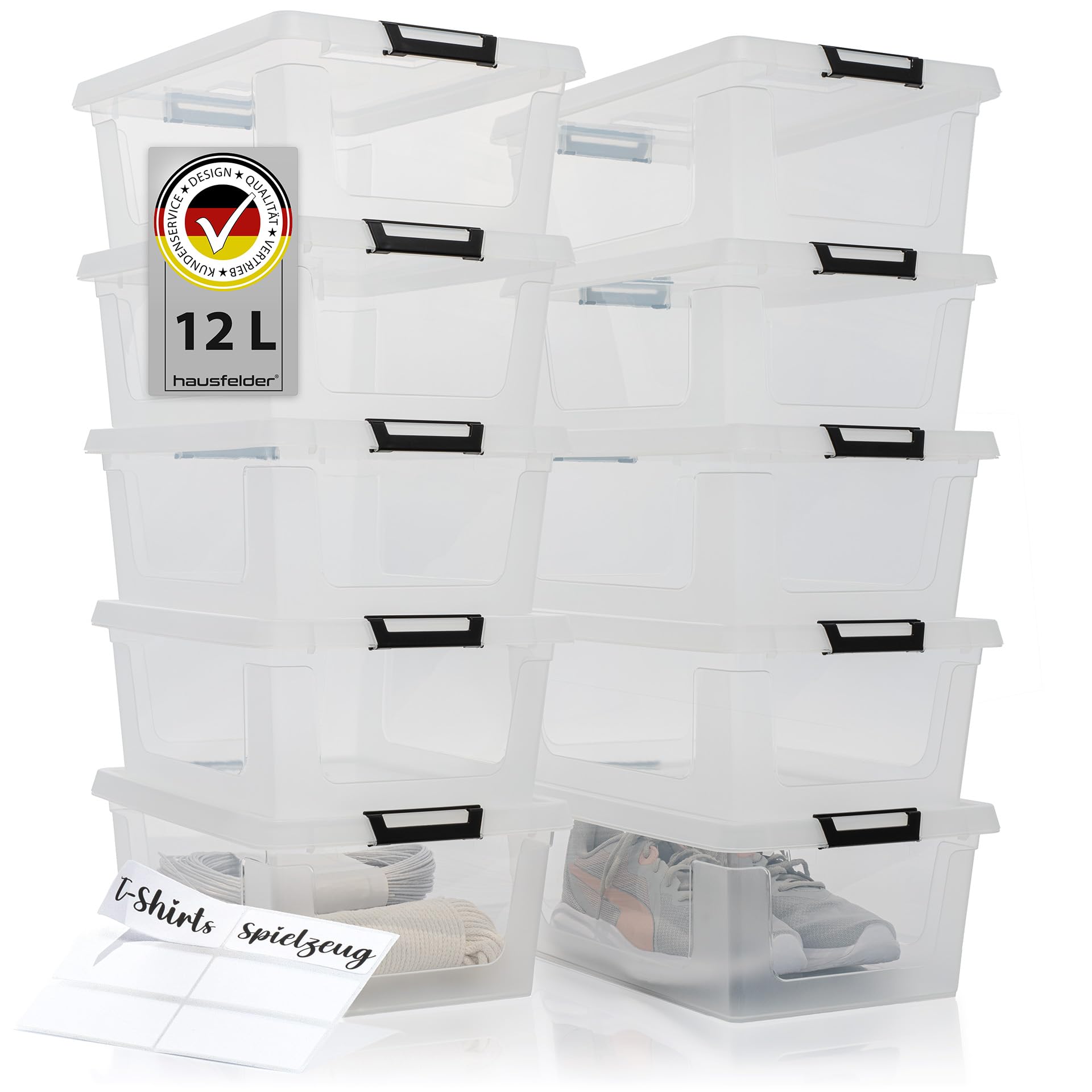 Hausfelder Aufbewahrungsboxen 10er Set, 12 l, mit Deckel, transparent | Kunststoffboxen mit Deckel für Küche, Keller, Garage und Haushalt, stapelbar, transparent