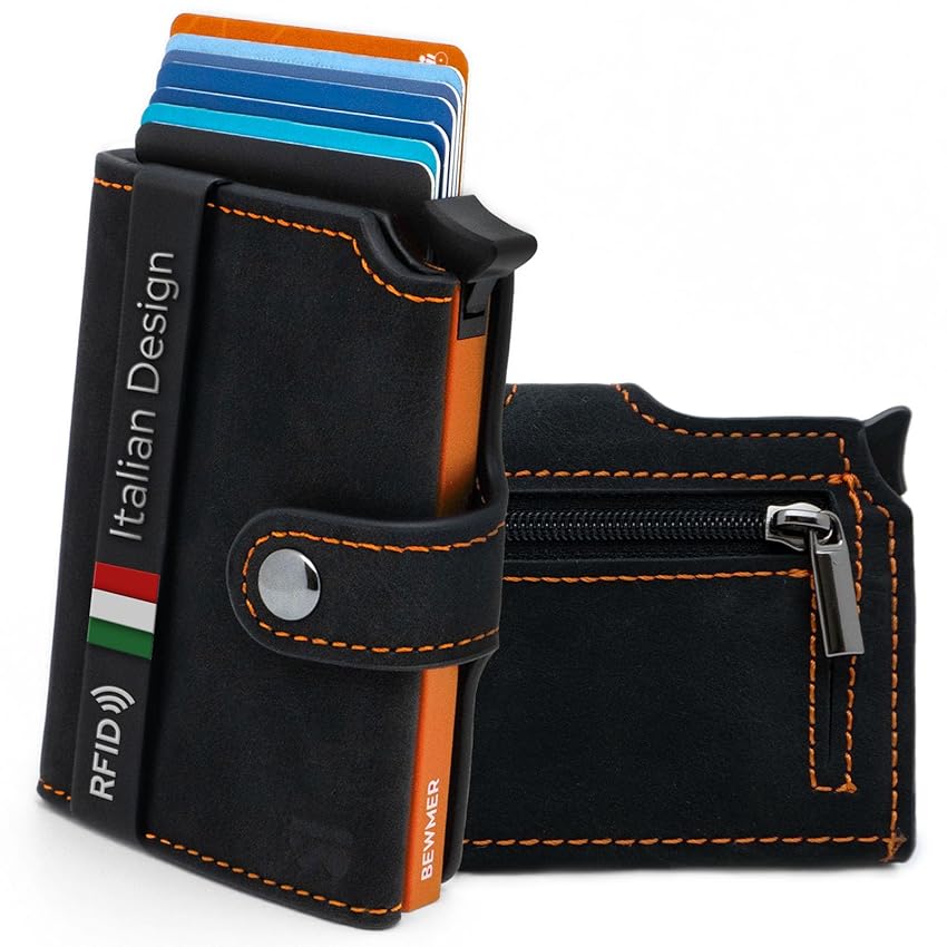 BEWMER v2 Portafoglio Uomo Slim In Similpelle Con Protezione RFID Anticlonazione – Porta Carte Di Credito Uomo E Donna Per 9 Tessere, Con Portamonete – Porta Tessere, Nero Arancione