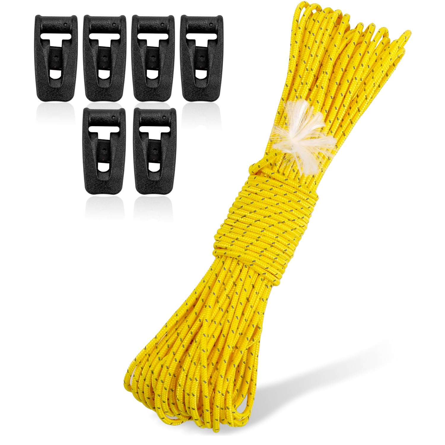 Corde de haubanage 2mm Hikeman jaune de 10m90 avec 6 tendeurs pour tente