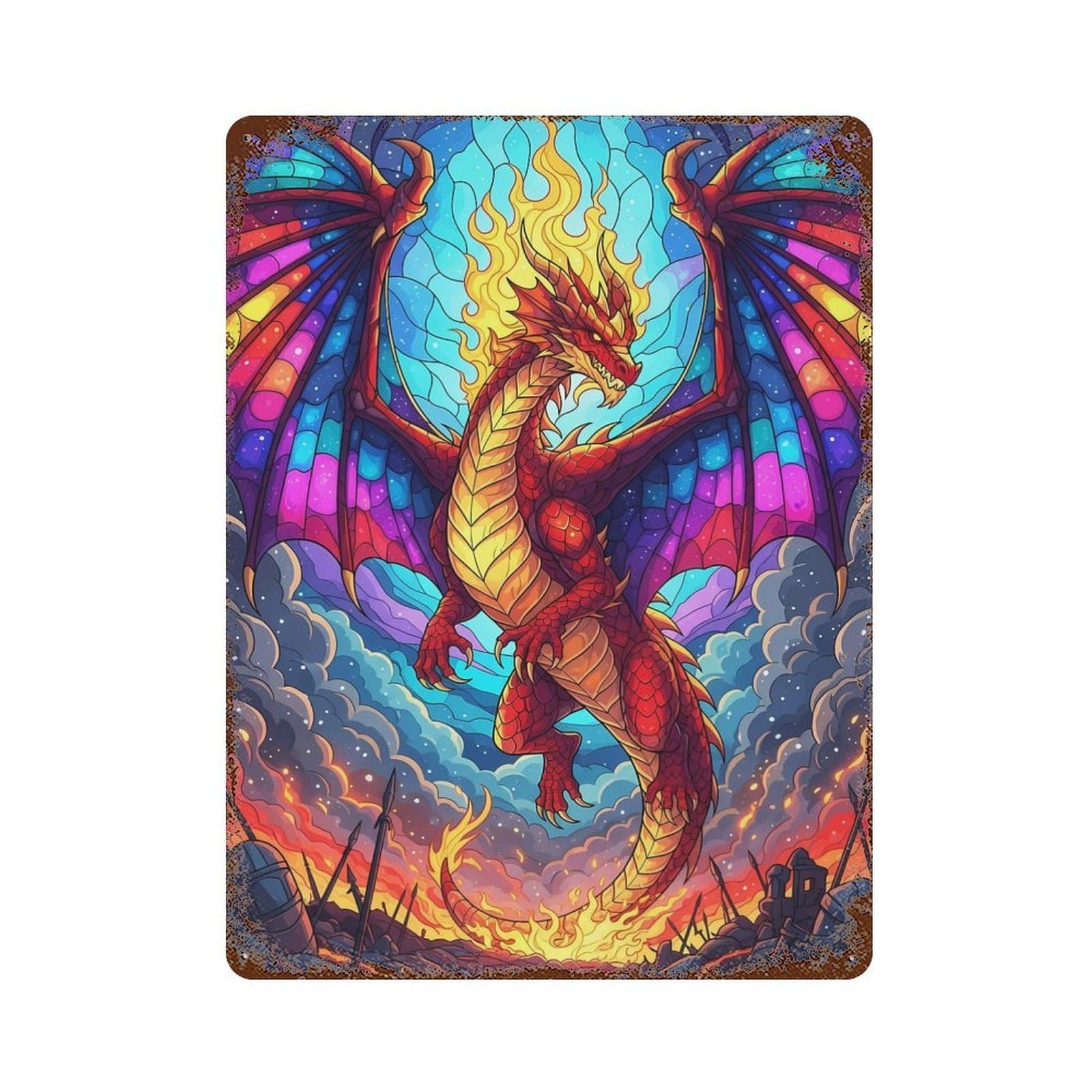 Stained Glass Dragon with Flames 15.7"x11.8" Rusty Metal Tin Sign, Novelty Wall Decor for Cafe, Home Bar And Lounge Decor