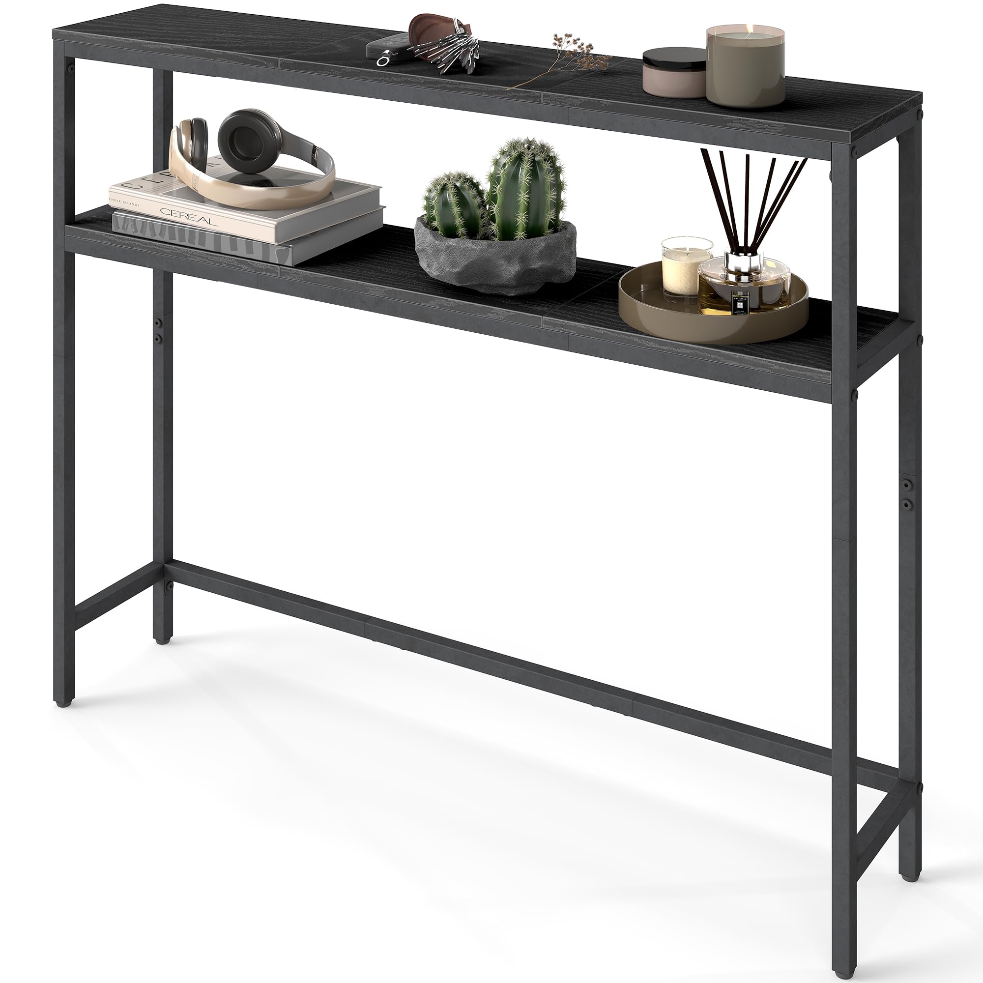 VASAGLE Consoletafel, slanke banktafel met 2 planken, 20 x 100 x 80 cm, gangtafel, 2 niveaus, voor hal, woonkamer, slaapkamer, marmer wit-inktzwart LNT131W59
