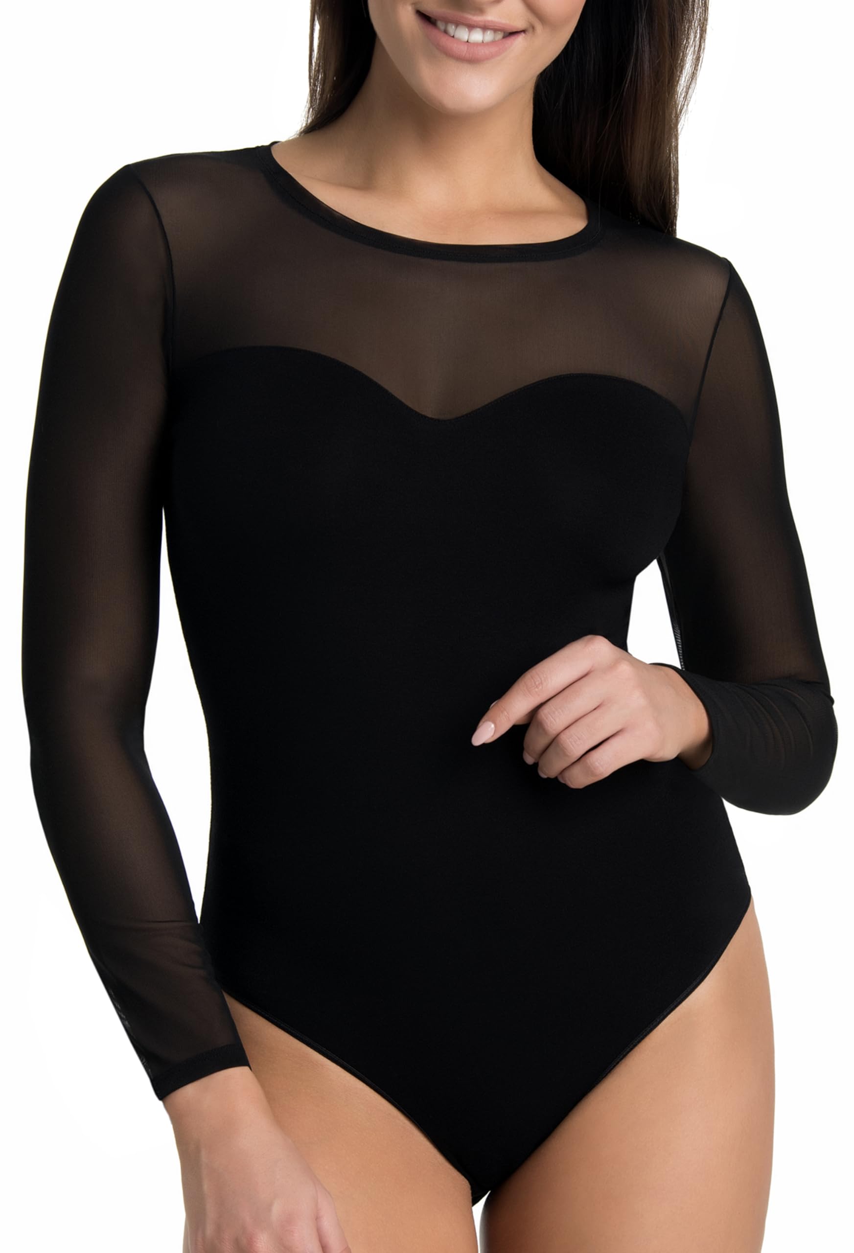 Teyli Body donna con maniche lunghe e scollo in rete – intimo elegante e elastico che si adatta perfettamente alla silhouette.