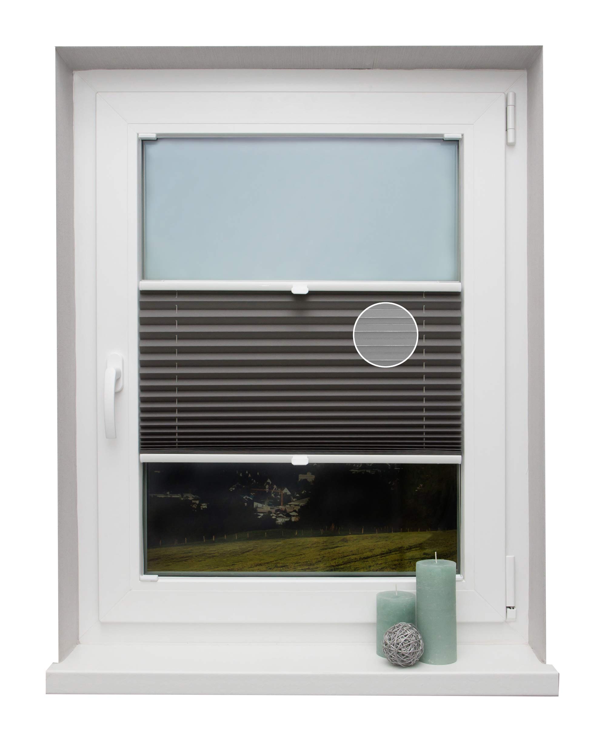 Plissee auf Maß Thermo für alle Fenster Montage in der Glasleiste Blickdicht mit Spannschuh Sonnenschutzrollo Dunkelgrau Breite: 91-100 cm, Höhe: 101-150 cm