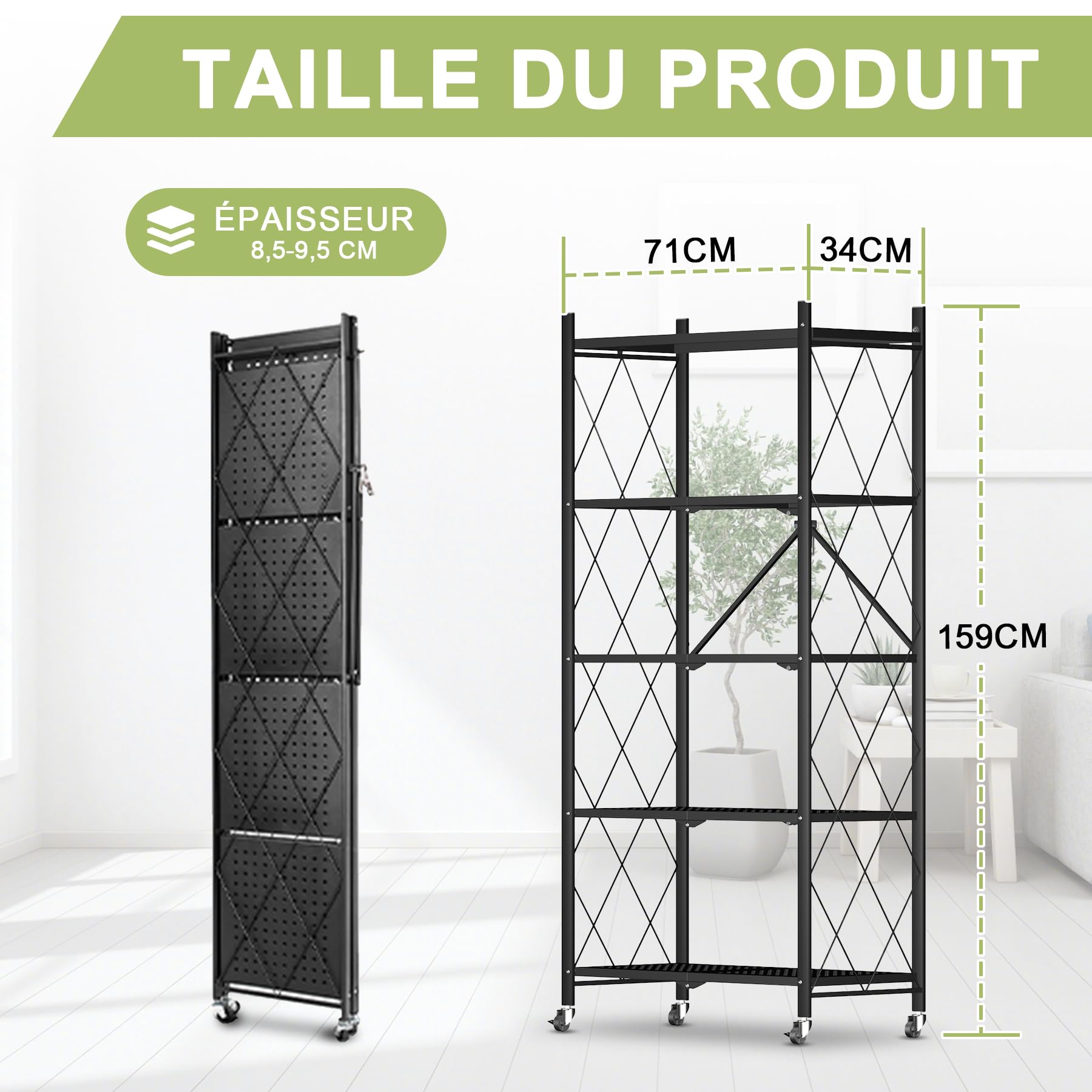 Étagère de Rangement Pliable à 5 étages, Cadre métallique Solide avec roulettes, Facile à Installer, Meuble de Rangement pour Garage, Salon, Chambre à Coucher, Cuisine, 71x34x159cm, Noir