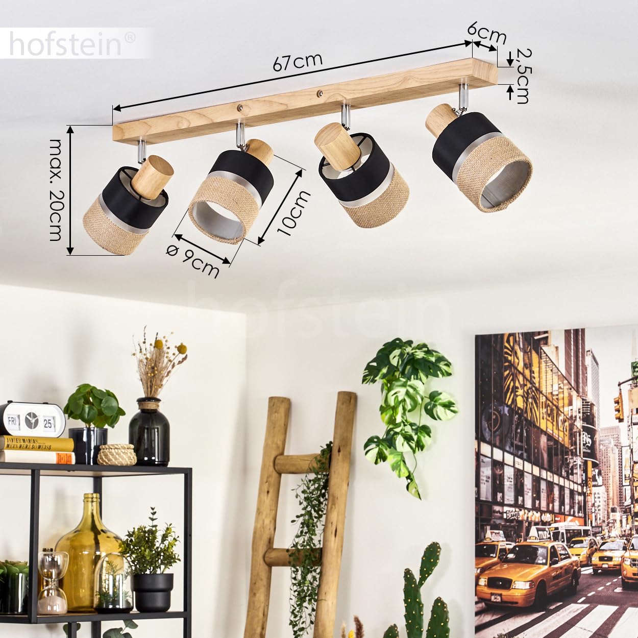 Plafonnier Fallhagen, plafonnier moderne en bois/métal/lin dans les coloris naturel/chrome/noir, luminaire à 4 ampoules au design scandinave avec spots réglables, 4 x E14, sans ampoules