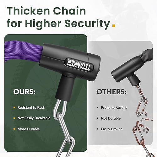 Miniatura 6 de Titanker Candado de cadena para bicicleta con llaves, 3.3 pies de seguridad, resistente, antirrobo, cadena de bicicleta para bicicleta, motocicleta,